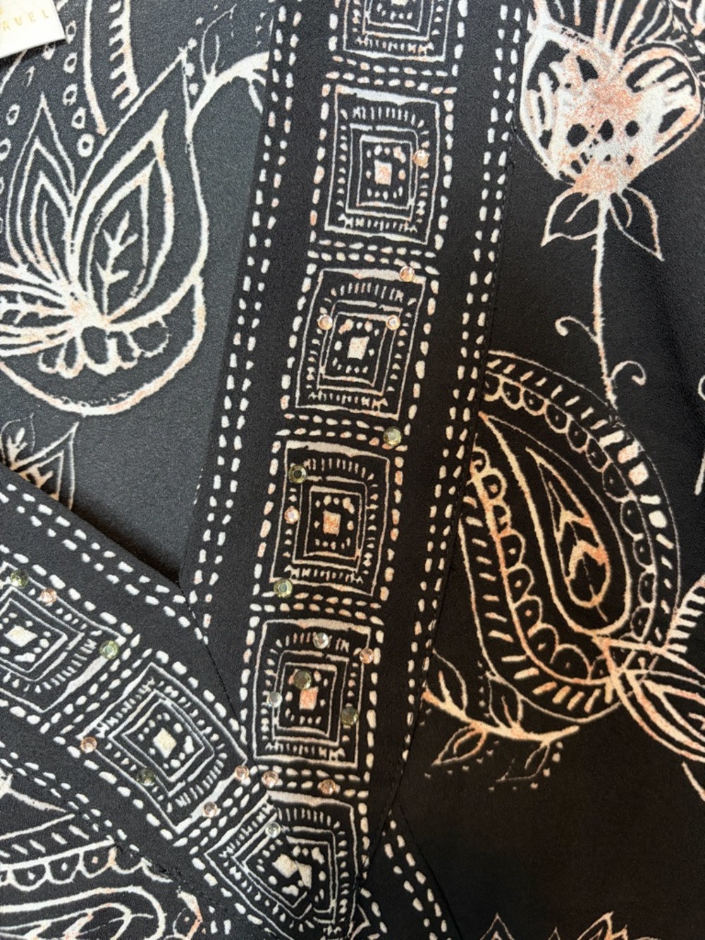 Belle Kim Gravel Bandana Print Top Black White Pink Bling Boho Chic Sz L - Picture 6 of 8